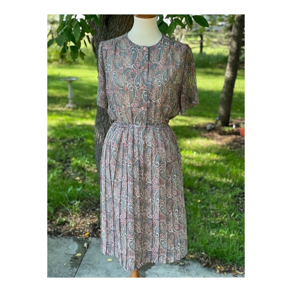 Retro Sheer Paisley Floral midi Dress Pleats